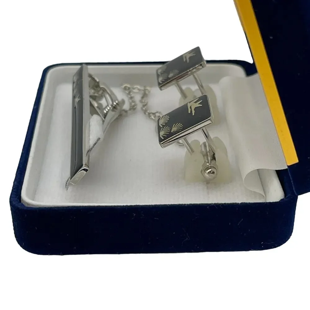Retro Vintage Cuff Links & Tie Clip Set Silver with 24K Gold Inlay